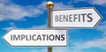 Implications and benefits as different choices in life - pictured as words Implications, benefits on road signs pointing at