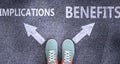 Implications and benefits as different choices in life - pictured as words Implications, benefits on a road to symbolize making