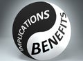 Implications and benefits in balance - pictured as words Implications, benefits and yin yang symbol, to show harmony between