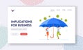Implications for Business Landing Page Template. Company Characters Rejoice Under Huge Umbrella Protect from Covid Cells Royalty Free Stock Photo