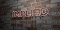 IMPLIED - Glowing Neon Sign on stonework wall - 3D rendered royalty free stock illustration