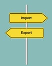 Import Export arrow shaped yellow road sign on turquoise background