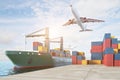 Import, export and business logistic concept with cargo plane in the air, container shipment and transportation of international Royalty Free Stock Photo