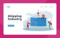 Import Export Maritime Logistics Landing Page Template. Foremen Characters in Seaport Loading Heavy Container Box