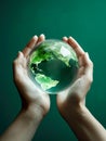 importance of ecology and environmental conservation, with hands tenderly cradling a green Earth globe