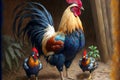 important beafully painted rooster in bird yard with chicks