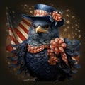 an important bird, dressed in stylish American-style clothing,