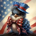 an important bird, dressed in stylish American-style clothing,