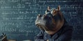 An important and confident hippopotamus of a teacher in a jacket stands in the lecture hall in front of the blackboard. Royalty Free Stock Photo