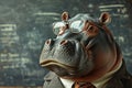 An important and confident hippopotamus of a teacher in a jacket stands in the lecture hall in front of the blackboard. Royalty Free Stock Photo