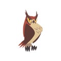 Important Eagle Owl Bird, Funny Great Horned Owl Character with Brown Plumage Vector Illustration Royalty Free Stock Photo