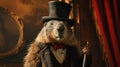 important marmot aristocrat wearing a top hat and holding a cane, event Groundhog Day, banner, poster