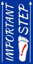 important step vertical label with footprint and exclamation mark, lettering on blue background, useful for a manual