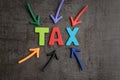 Important of tax in accounting business, colorful arrows pointing to the word TAX at the center on black cement wall, financial i