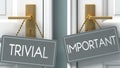 Important or trivial as a choice in life - pictured as words trivial, important on doors to show that trivial and important are