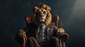 Imposing anthropomorphic lion in lavish attire seated authoritatively in a leather chair