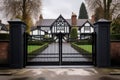 imposing black gate into a white tudor estate