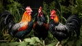 Imposing black roosters in the grass. AI generated