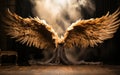 Imposing bronze angel wings open wide in a dramatic display set against a moody theatrical backdrop with a mystical foggy glow