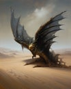 A imposing bronze dragon with outstretched wings atop a san back creature desert background in black deep golden sand styles