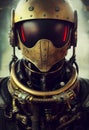 An Imposing Cyborg, Outfitted in a Striking Gold Helmet with Deep Red front Glass, Stands Ready for Battle with an Array of High-