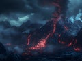 Imposing Dormant Volcano Billowing Crimson Hued Lava Flows in Dramatic Cinematic Landscape