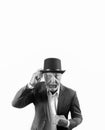 Imposing elderly man in a suit and a top hat. black and white. copy space. vertical Royalty Free Stock Photo