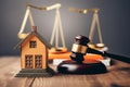 Gavel, house and books on wooden table. Law and justice concept Ai generative Royalty Free Stock Photo