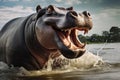 An imposing hippopotamus dominates the water as it bares its teeth, showcasing its formidable and authoritative nature, A