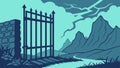 Imposing Iron Gate Against Stormy Mountains, vector design Generative AI Royalty Free Stock Photo