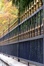 Close up detail image of tall iron crafted fence on stone wall