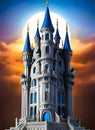 Imposing and ornate fantasy castle, carved in sapphire stone, atmosphere, spectacular lighting, tall building, moonlight fantasy