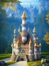 Imposing and ornate fantasy castle, carved in sapphire stone, tall building, huge stone castle, autumn castle