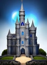 Imposing and ornate fantasy castle, carved in sapphire stone, tall building, huge stone castle, moonlight