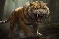 An imposing sabertoothed tiger presenting a formidable barrier against intruders.. AI generation