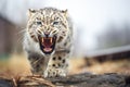 imposing snow leopard roar captured in open wilderness Royalty Free Stock Photo