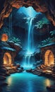 Imposing Subterranean Spa: Wet Cave, Cascading Waterfall, and the Serene Blue Illumination