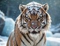 Imposing Tiger in the snow starring at the camera.