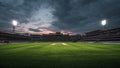 Imposing view of a massive empty cricket stadium featuring bright floodlights illuminating the lush green pitch under dramatic Royalty Free Stock Photo