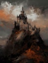 The imposing walls of a Gothic castle overlooking a dismal landscape. Gothic art. AI generation Royalty Free Stock Photo