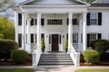 imposing white columns supporting a porch with a central front door