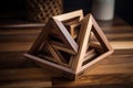 An impossible geometric puzzle made of wood create by generative AI technology