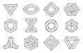 Impossible geometric shapes, unreal line figures elements. Visual optical illusion symbols, abstract delusion forms flat vector Royalty Free Stock Photo