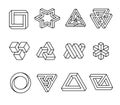 Impossible shapes, optical illusion objects. Vector illustration isolated on white background.