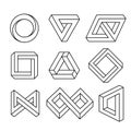 Impossible signs set outline. Linear infinite shapes. Impossible geometric figures. Optical illusion. Triangle, Infinity Royalty Free Stock Photo