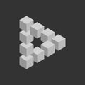 Impossible triangle in grey. 3D cubes arranged as geometric optical illusion. Reutersvard traingle. Vector illustration Royalty Free Stock Photo