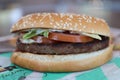 Extreme close up of Impossible Whopper at Burger King restaurant.