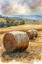 Impossibly Real: A Scenic View of Rolling Hills and Hay Bales in Royalty Free Stock Photo