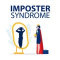 Imposter syndrome.business woman get award standing with mirror and seeing themselves as shadow behind. Anxiety and lack of self