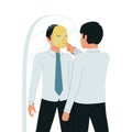 A businessman looks in the mirror and takes off his imposter mask. Royalty Free Stock Photo